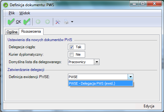 Definicje dokumentów W tej części konfiguracji istnieje możliwość skonfigurowana definicji dokumentu dla delegacji PWS.