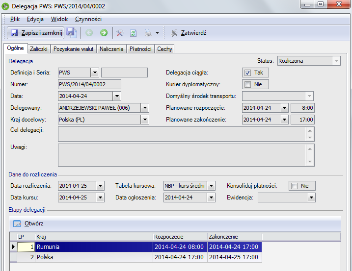 Opis formularza delegacji PWS Wprowadzenie Polecenia Wyjazdu Służbowego(PWS) w programie Enova wiąże się z uzupełnieniem formularza delegacji dostępnego z menu programu w części Ewidencja Środków