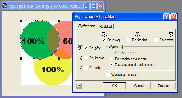 Przyk-ad 1: Narysuj trzy okr-gi o rozmiarze 125x125 [szeroko,. x wysoko,.) pixeli w kolorach: zielonym, czerwonym i &ótym (tak jak na rysunku poni&ej). Dodatkowo ustawi. nale&y krycie obiektów na 50%.