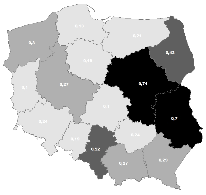 248 Anna Baumann-Popczyk No 2 Fig 1. Hepatitis A in Poland in years 2008 2012. Median annual incidence per 100 000 population by province. reported, that is, as much as 23 less than last year.