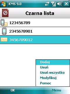 Zostanie otwarte okno Czarna lista. 4. Wybierz Menu Dodaj (patrz rysunek poniżej). Rysunek 95. Dodawanie wpisów do Czarnej listy Zostanie otwarte okno Nowy wpis. 5.