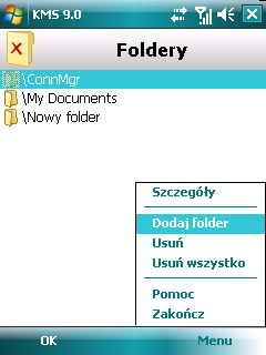 Zostanie otwarte okno Foldery. 4. Wybierz Menu Dodaj folder (patrz rysunek poniżej). Rysunek 103. Wybór foldera, który ma zostać usunięty. 5. Wybierz wymagany folder i wciśnij Wybierz.