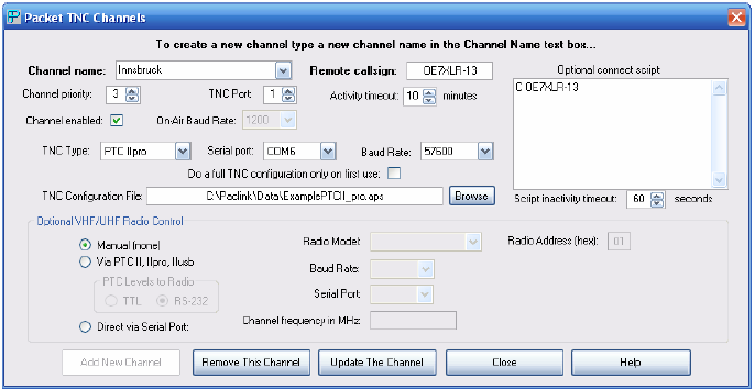 Kanały packet radio Menu File Packet TNC Channels ( Plik Kanały packet radio ) służy do otwarcia okna konfiguracyjnego dla dostępu do Winlinku przez sieć packet radio.