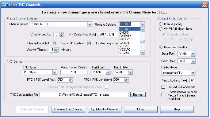 Krótkofalowe kanały Pactor Okno konfiguracyjne dla dostępu krótkofalowego jest otwierane za pomocą menu File Pactor TNC Channels ( Plik Kanały radiowe Pactor ).