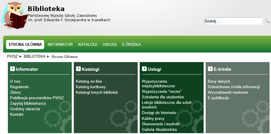 Spójne, rozbudowane menu górne PWSZ w Suwałkach Biblioteka PWSZ