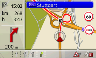 >>AWIGACJA L Widok mapy z prowadzeniem do celu 10 9 8 7 1 Oznakowania, którymi należy się 2 kierować Ograniczenie prędkości obowiązujące na aktualnie pokonywanej drodze (ten widok może być