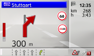 NAWIGACJA >>> Podział ekranu przy prowadzeniu do celu 11 10 9 8 7 6 5 1 2 1 Oznakowania, którymi należy się 2 kierować Ograniczenie prędkości obowiązujące na aktualnie pokonywanej drodze (ten widok