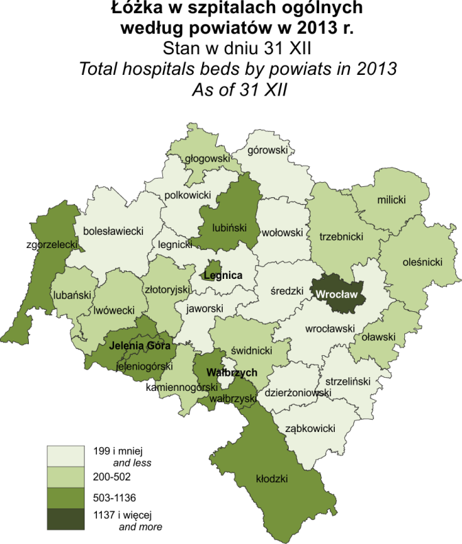 - 25 - W województwie dolnośląskim w dniu 31 XII 2013 r. funkcjonowało łącznie 80 szpitali ogólnych, wyposażanych w 15,1 tys. łóżek, z których w ciągu roku skorzystało 590,6 tys. leczonych.