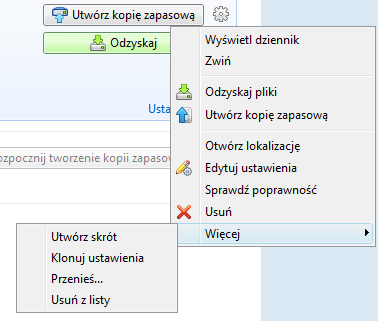 Obszar Kopie zapasowe W tym obszarze znajdują się istniejące kopie zapasowe. Zapewnia on dostęp do wszystkich operacji na istniejących kopiach zapasowych i umożliwia rozpoczęcie odzyskiwania danych.