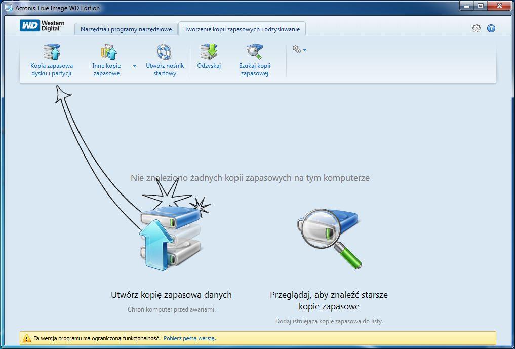 1. Uruchom program Acronis True Image WD Edition, wybierz kartę Tworzenie kopii zapasowych i odzyskiwanie, a następnie kliknij Kopia zapasowa