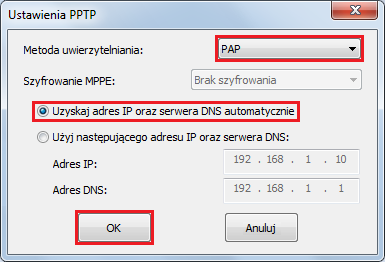 Wypełnij dane dotyczące Ustawień PPTP: w polu Metoda