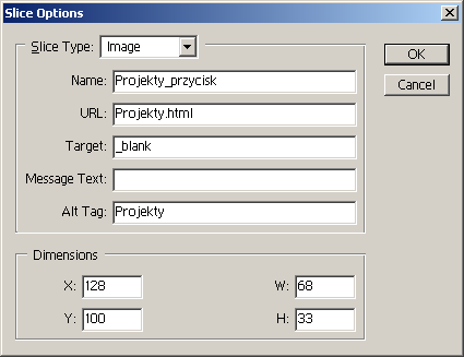 html w polu URL, _blank w polu Target oraz Projekty w polu Alt Tag. Następnie kliknij OK.