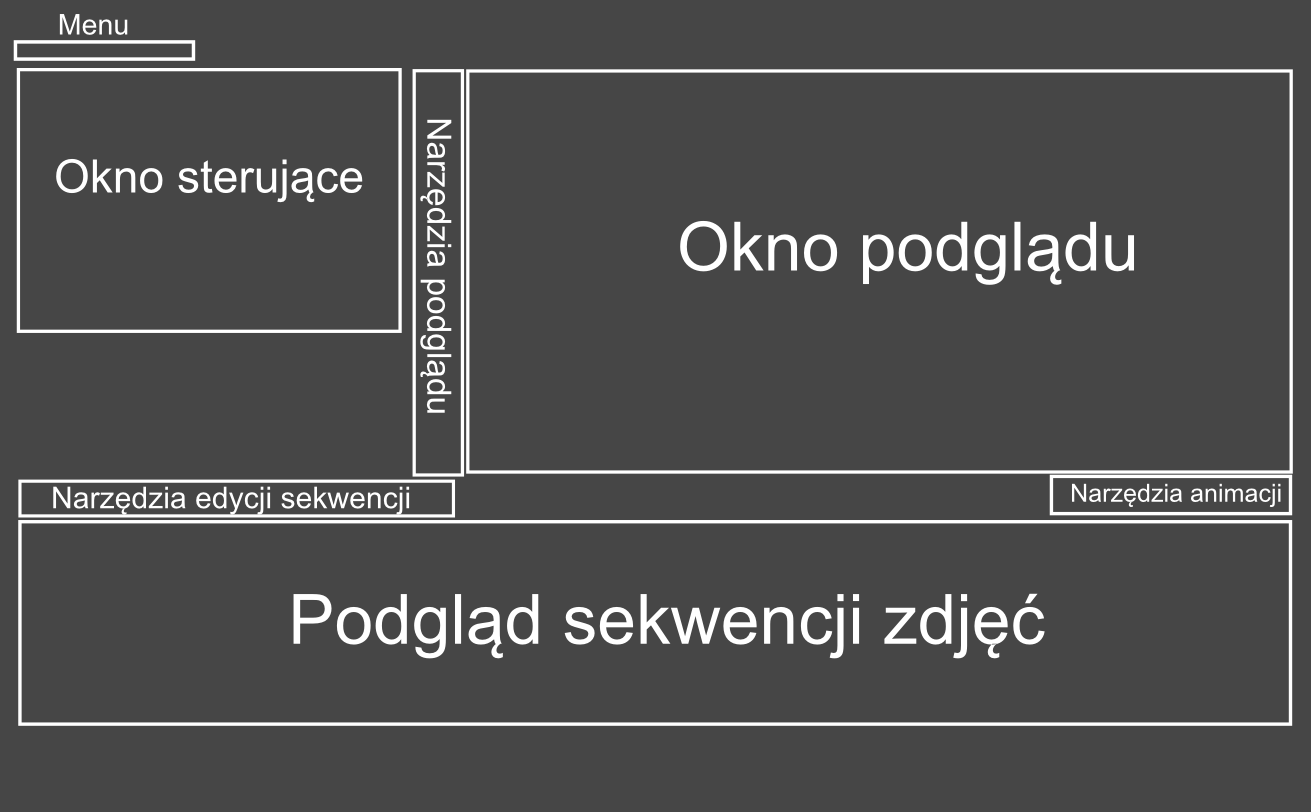 Główne okno aplikacji Ilustracja 2: Okno główne aplikacji Główne okno aplikacji zostało podzielone na trzy główne części: Okno sterujące służy do importu zdjęć do sekwencji, sterowania pracą aparatu