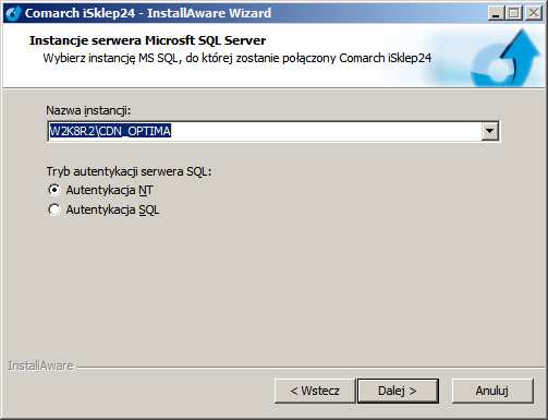Podręcznik UŜytkownika systemu Comarch OPT!MA Str. 187 Konfiguracja połączenia z serwerem SQL W kolejnym oknie instalatora podajemy nazwę serwera SQL, na którym zainstalowane są bazy COMARCH OPT!MA. PoniŜej wybieramy tryb autentykacji na serwerze SQL.