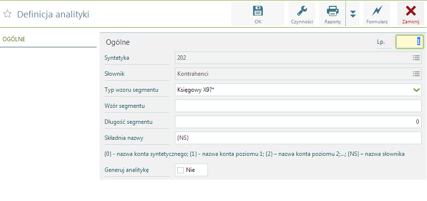 LP: oznacza poziomy analityki Słownik: wybór dostępnego słownika Typ: Definicja analityki Księgowy X9?* daje użytkownikowi najwięcej możliwości. X-litera 9-liczba?