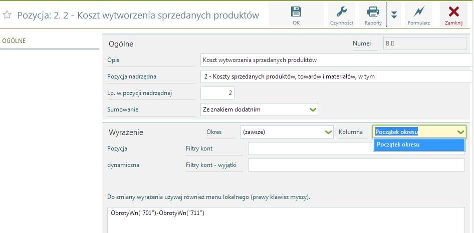 Aktualizacja wyrażenia Różne wyrażenia dla okresów można wykorzystać również w pierwszym okresie Odrębne wyrażenia dla kolumn Odrębne wyrażenia dla kolumn tworzy sią w podobny sposób jak odrębne