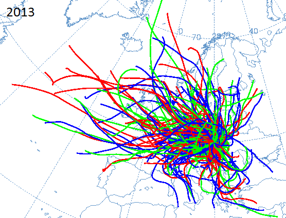 Rys 2. 16. Trajektorie wsteczne mas powietrza znajdujących się nad IFJ PAN pokazane dla kolejnych lat pomiarowych (2006-2013), wyliczone przy pomocy modelu HYSPLIT.