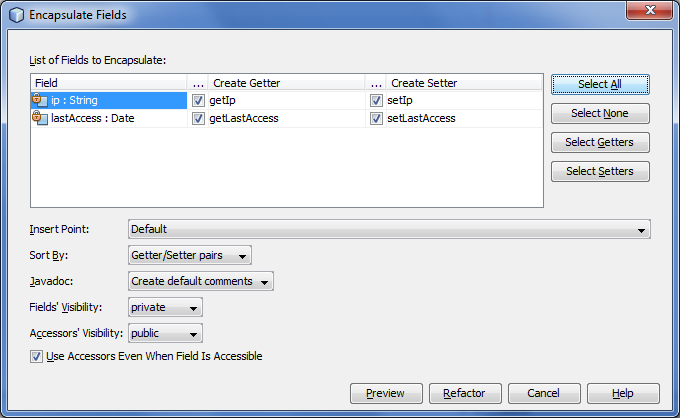 c) Wygeneruj zestaw metod obsługujących składowe klasy. W tym celu kliknij prawym klawiszem myszy w edytorze kodu i z menu kontekstowego wybierz opcję Refactor Encapsulate Fields.