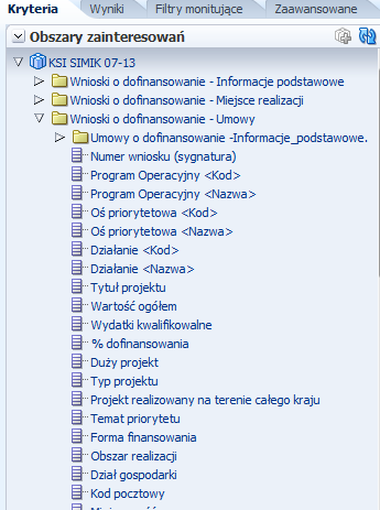 Rysunek 23 Wybór Obszaru Zainteresowao 4.1.1.1 Wybór kolumn raportu W oknie edytora raportu na zakładce Kryteria: 1.