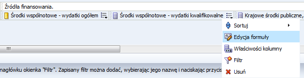 Rysunek 54 Edycja formuły kolumny W oknie Edycja formuły kolumny w sekcji Formuła kolumnywpisad wybraną formułę lub dodad formułę za pomocą przycisku Wstawianie funkcji.