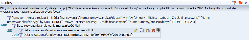 Na zakładce Kryteria w sekcji Filtry najechad kursorem myszy na wcześniej utworzony filtr Data rozwiązania/anulowania nie ma wartości NULL. Kliknąd przycisk [Kopiuj] znajdujący się przy filtrze.