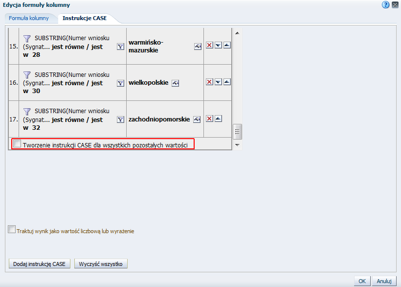 Wartośd "26", nazwa instrukcji CASE "świętokrzyskie", Wartośd "28", nazwa instrukcji CASE "warmiosko-mazurskie", Wartośd "30", nazwa instrukcji CASE "wielkopolskie", Wartośd "32", nazwa instrukcji