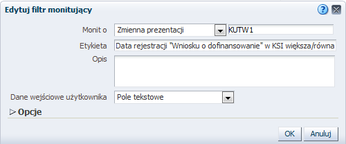 Przełączyd się na zakładkę Filtry monitujące. W panelu definicja kliknąd przycisk [Nowy]. Z listy rozwijanej wybrad Zmienny monit.