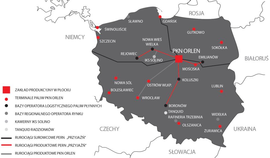 terminali paliw, baz przeładunkowych, sieci rurociągów oraz transportu kolejowego i samochodowego, Grupa ORLEN nieustannie dąży do maksymalizacji efektywności oraz płynności przesyłu i magazynowania