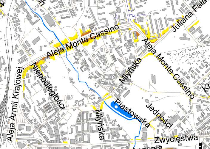 Rysunek 40: Fragment mapy terenów zagrożonych em: Hałas drogowy wskaźnik L DWN [Źródło: Mapa akustyczna miasta Koszalina] HAŁAS KOLEJOWY Na podstawie otrzymanych wyników można stwierdzić, że na