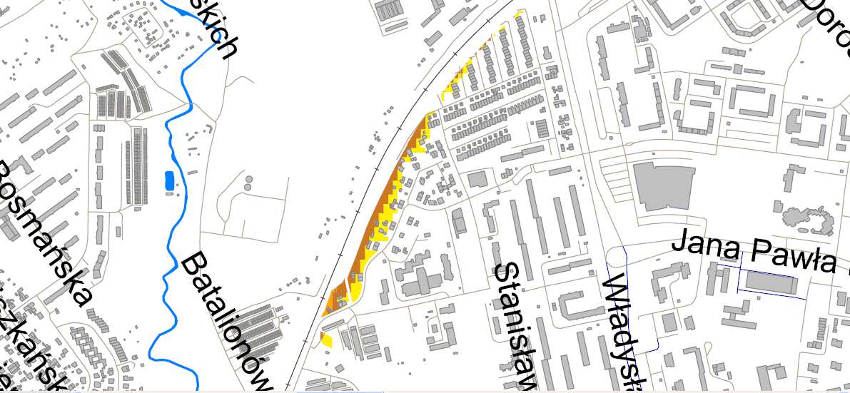 Rysunek 41: Fragment mapy terenów zagrożonych em: Hałas kolejowy wskaźnik L DWN [Źródło: Mapa akustyczna miasta Koszalina] HAŁAS PRZEMYSŁOWY Na podstawie otrzymanych wyników można stwierdzić, że na