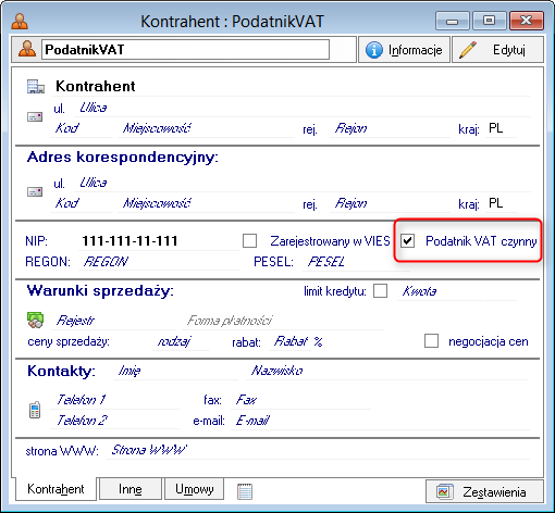 W bazach zaktualizowanych do nowej wersji Sage Symfonia ERP, pole Podatnik VAT czynny jest automatycznie włączane dla kontrahentów spełniających poniższe warunki: w polu kraj wybrana wartość PL, w