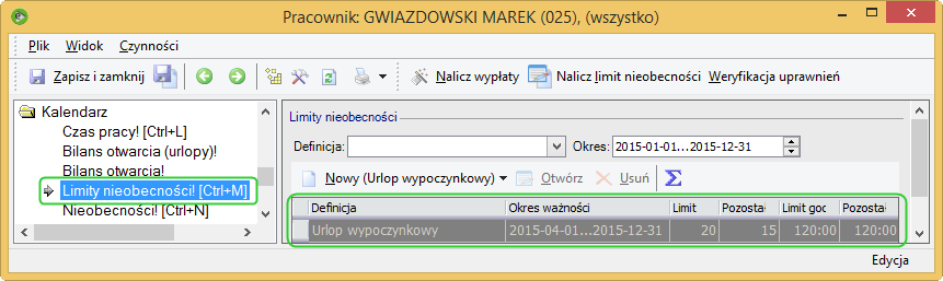 Nalicz limit nieobecności Jeżeli pracownik nie ma uzupełnionej historii zatrudnienia oraz wykształcenia, po wybraniu przycisku 'Nalicz limit nieobecności' dla definicji Urlop wypoczynkowy, zostanie