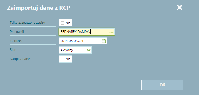 Czynność/Importuj dane z RCP U w a g a! Lista "Dane z RCP" jest automatycznie aktywowana jeżeli enova365 jest w wersji platynowej.