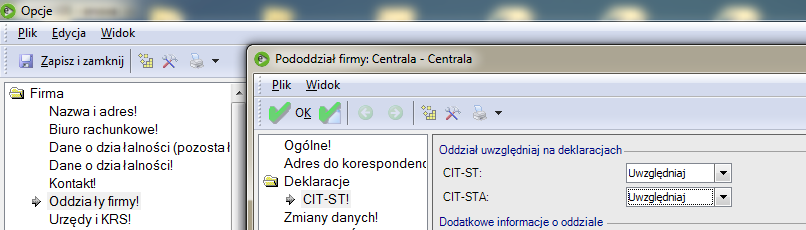 Deklaracja CIT-ST Aby uruchomić możliwość naliczenia deklaracji CIT-ST należy zaznaczyć poniżej opisane parametry, które znajdują się: w konfiguracji systemu