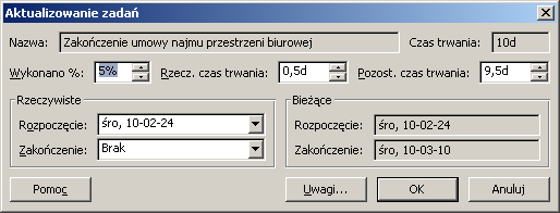 Praca rzeczywista wg okresów czasu Sposób obliczania postępu zadań Procent wykonania=(rzeczywisty czas trwania/czas trwania)*100% Rzeczywisty czas trwania = Czas trwania * Procent wykonania Pozostały