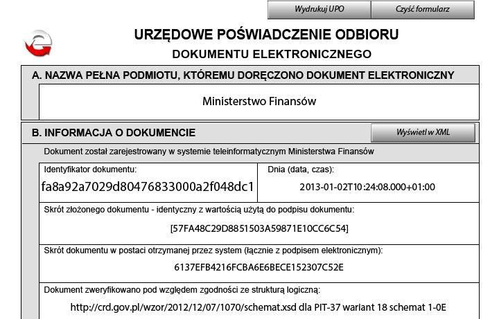 Kliknięcie przycisku Pobierz urzędowe poświadczenie odbioru (UPO) spowoduje przekierowanie do