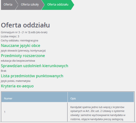 tów, które będą nauczane w szerszym wymiarze godzin oraz nauczanych języków obcych. W ostatniej kolumnie znajduje się liczba miejsc w oddziale.