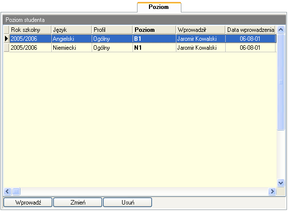 Poziomy studentów LangSystem pozwala przypisywać studentom poziomy nauczania. Poziomy nauczania dotyczą określonych języków i profili a przypisywane są studentom na poszczególne lata szkolne.