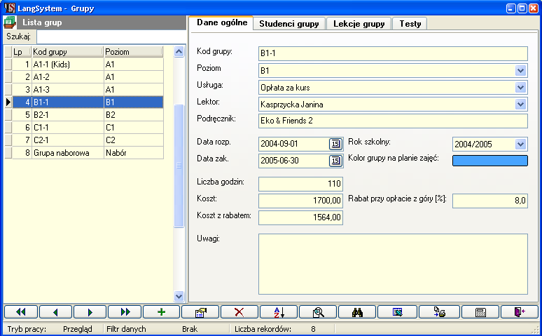 7. Grupy Formularz 'Grupy' otwierany jest z menu 'Dane ogólne -> Grupy'. Moduł Grupy zawiera listę wszystkich grup zdefiniowanych w systemie.