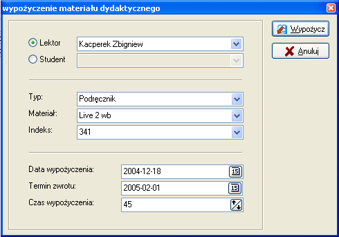 Wypożyczenie materiału Wypożyczenie egzemplarza materiału dydaktycznego odbywa się po wciśnięciu przycisku oznaczonego ikoną. Rys. 64. Dialog wypożyczeń materiałów.