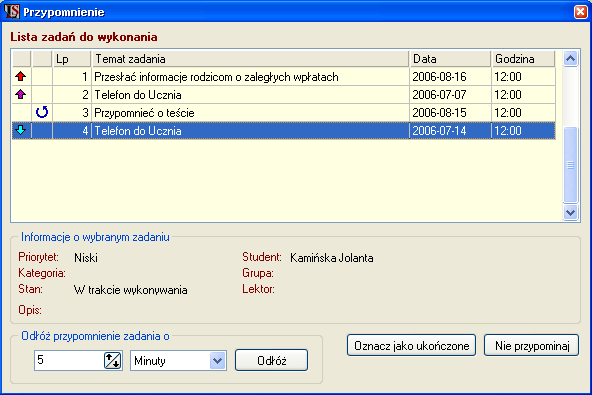 Okno przypomnień LangSystem posiada możliwość przypominania o zadaniach do wykonania.