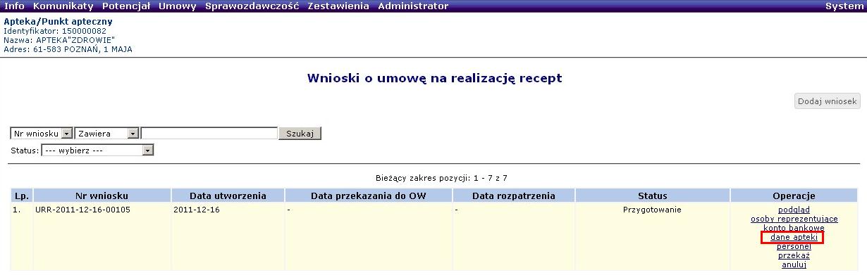 Rysunek 37 Przekazanie wniosku - Błąd operacji System sprawdza czy numer PESEL którejkolwiek z osób posiadających stanowisko kierownika zdefiniowanych na liście ewidencji osób zatrudnionych w aptece