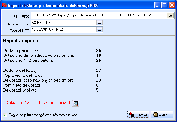 Moduł 44 Deklaracje Rys. 65. Okno: Import deklaracji medycyny szkolnej. Rys. 66. Okno: Import deklaracji z komunikatu deklaracji PDX etap I. 3.4. Import deklaracji z komunikatu deklaracji (*.