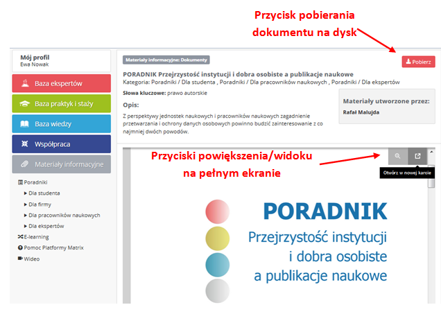 Po kliknięciu na przycisk Zobacz więcej widoczny przy każdym z poradników wyświetlane są podstawowe informacje o dokumencie tj.