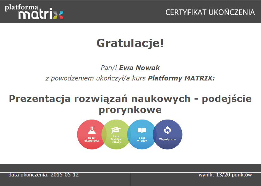 Po zakończeniu kursu możliwe jest podejście do testu końcowego. Test końcowy składa się z 20 losowo wyświetlanych pytań.