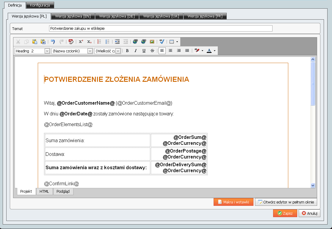 Podręcznik Użytkownika systemu Comarch OPT!MA Str. 101 Rys. 129 Panel administracyjny, Zarządzanie treścią, Wydruki, edytor wstawki Lista elementów oraz Podgląd.