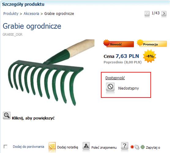 Podręcznik Użytkownika systemu Comarch OPT!MA Str. 51 Przykład: Wyświetlanie produktu o statusie dostępności Niedostępny w pluginie Prezentacja produktu. 4.3.