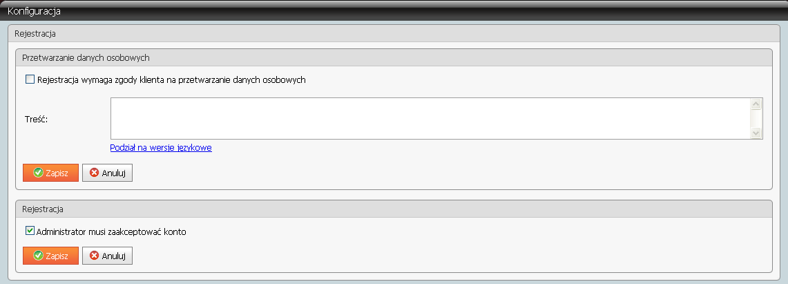 Konfiguracja została podzielona na dwa obszary: Przetwarzanie danych osobowych Rejestracja Przetwarzanie danych osobowych Po odpowiedniej konfiguracji klient Comarch isklep24 będzie musiał wyrazić