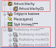 Arkusz blachy Części wieloobiektowe Struktura drzewa operacji FeatureManager Struktura drzewa operacji FeatureManager dla wieloobiektowych części arkusza blachy została zmieniona.