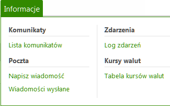 składające się z trzech części: nazwy Banku oraz firmy i zalogowanego użytkownika menu głównego serwisu z zakładkami: Rachunki, Lokaty, Kredyty, Przelewy, Zlecenia, Kontrahenci, Ustawienia,